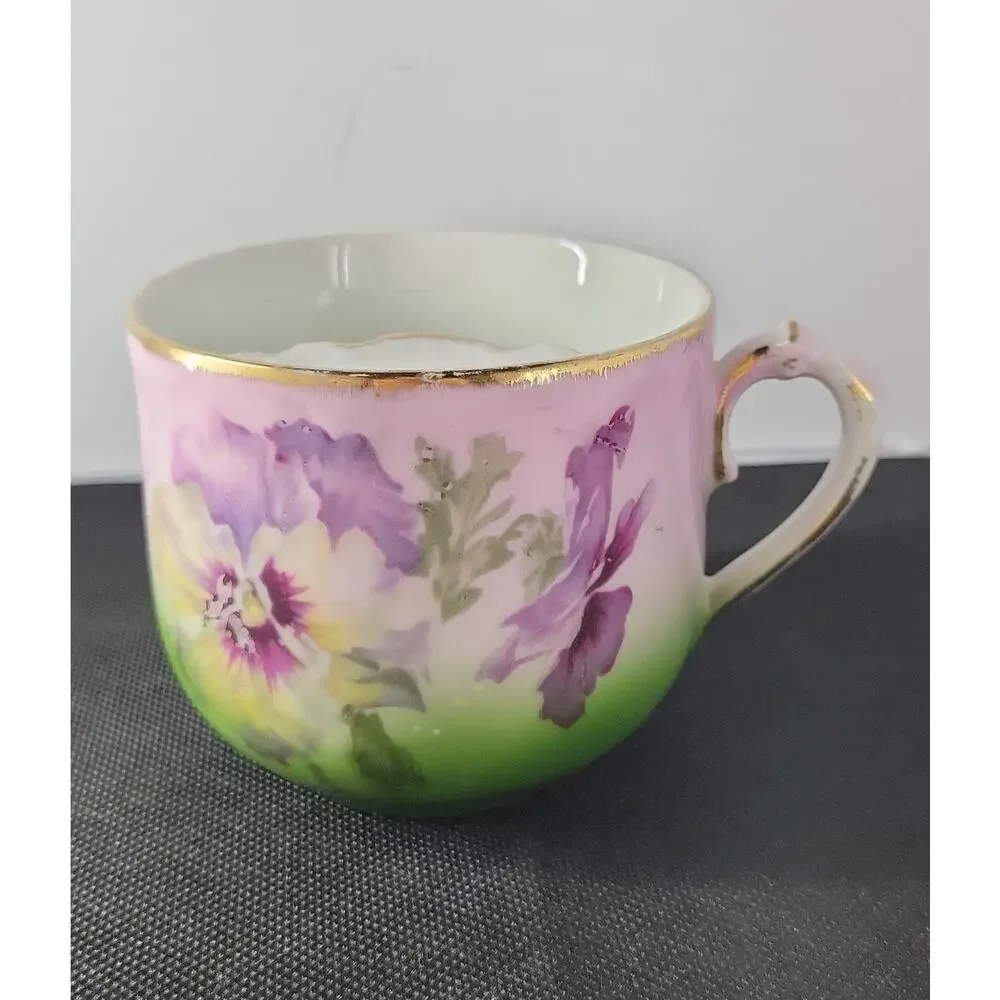 Antique Bavaria Hand Painted Mustache Cup Floral Porcelain Shaving Mug Gold Trim